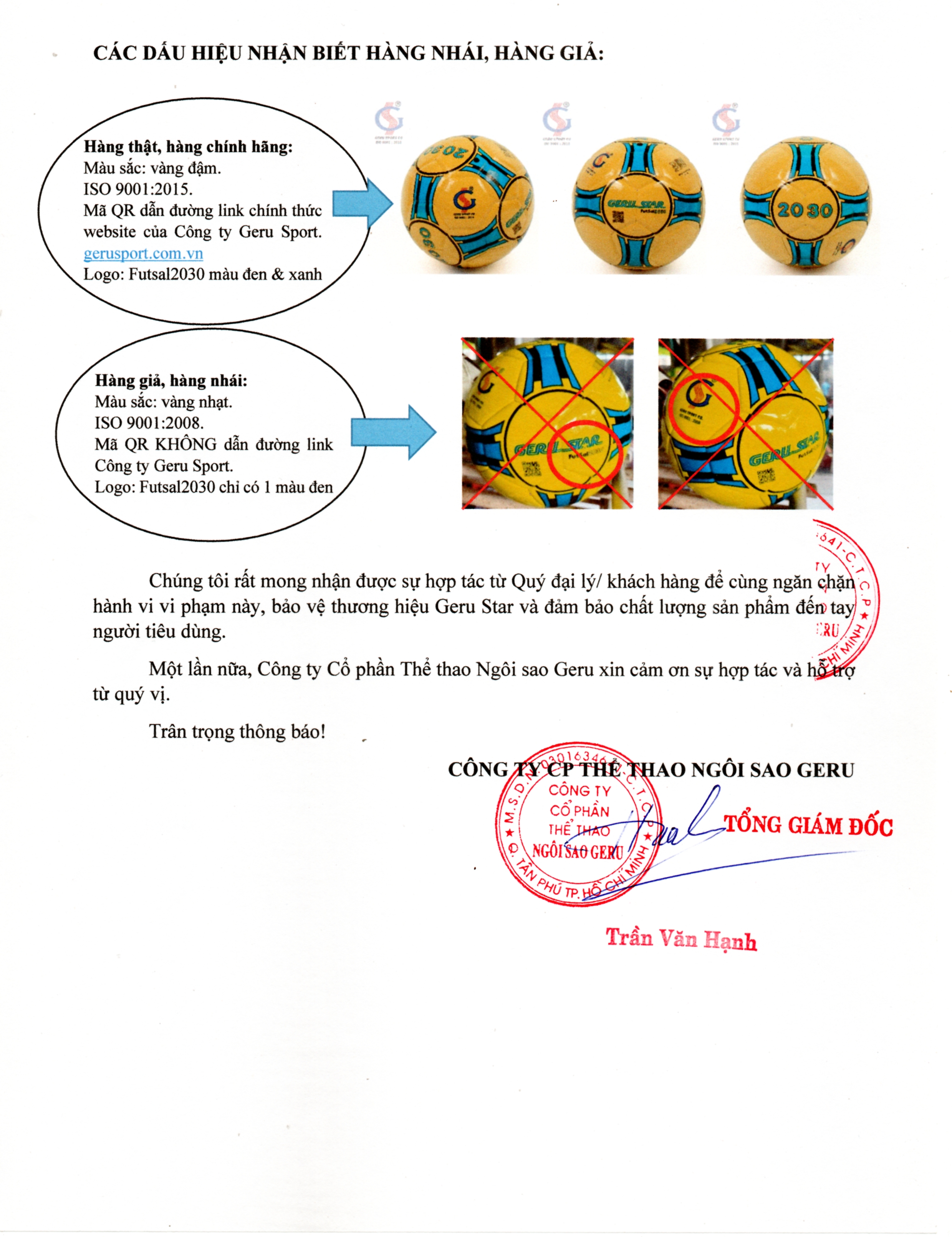 THÔNG BÁO SẢN PHẨM BÓNG GIẢ MẠO THƯƠNG HIỆU GERU STAR